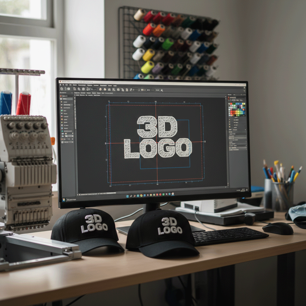 Embroidery digitizing software showing a 3D logo design on screen, with the finished 3D embroidered logo on black caps beside an embroidery machine