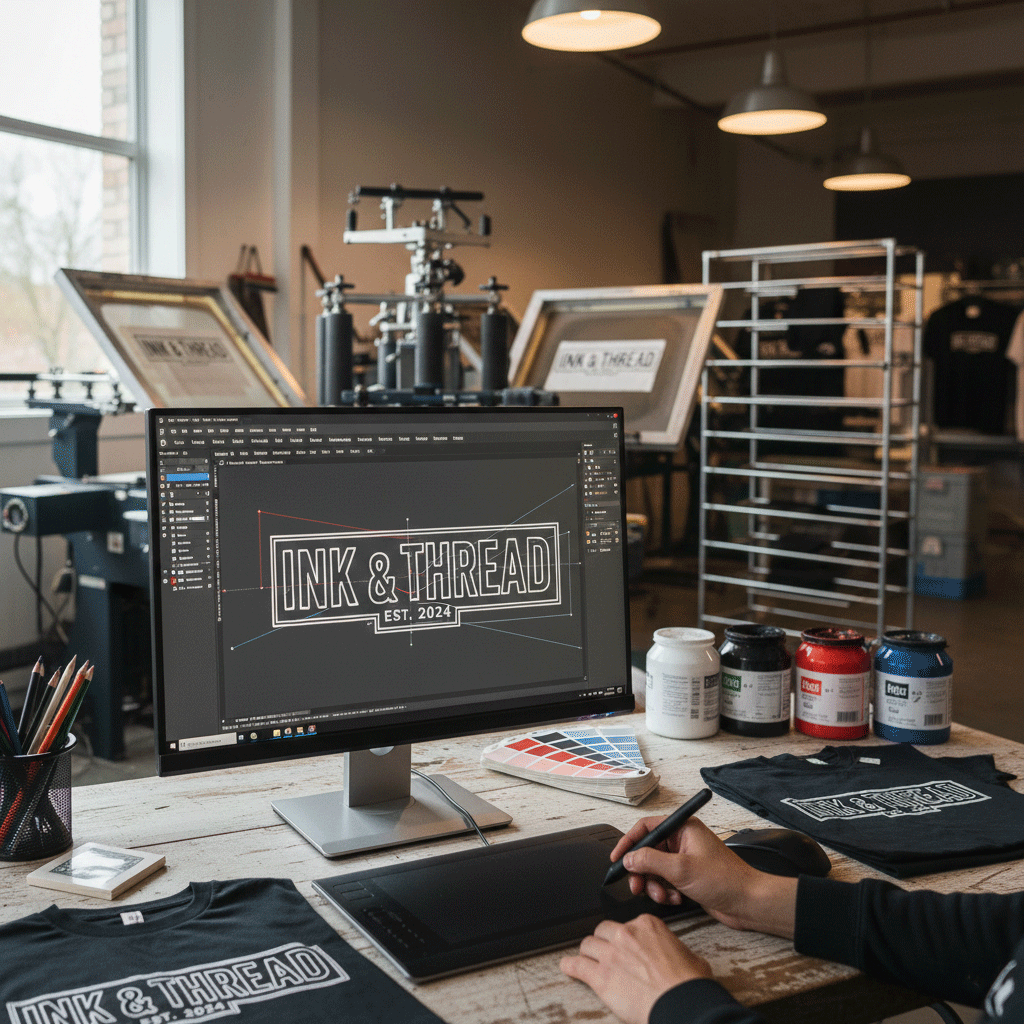 Vector graphics for screen printing: a logo redrawn as clean vector artwork in Adobe Illustrator, with screen printing frames, plastisol inks and printed black t-shirts in the shop