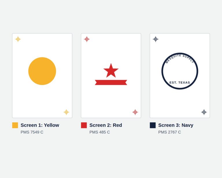 Screen print color separations of a vector logo split into three spot-color screens: yellow, red and navy