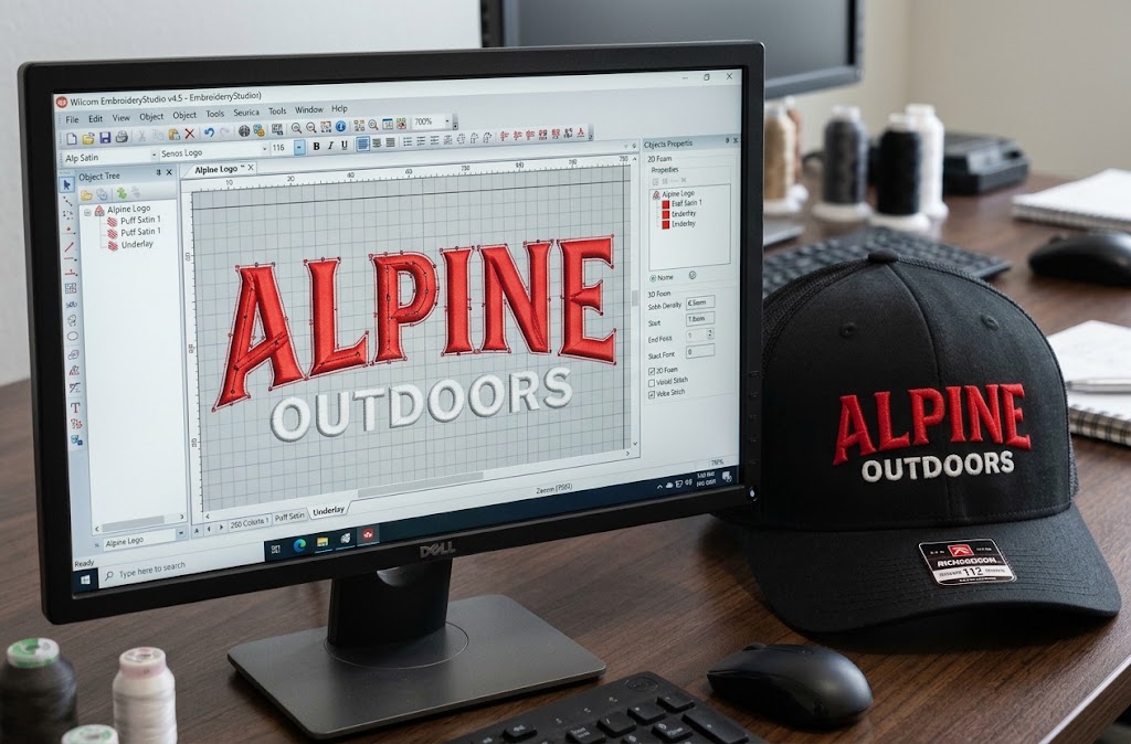 3D puff embroidery digitizing: raised red logo on a black structured cap next to the digitized file on screen
