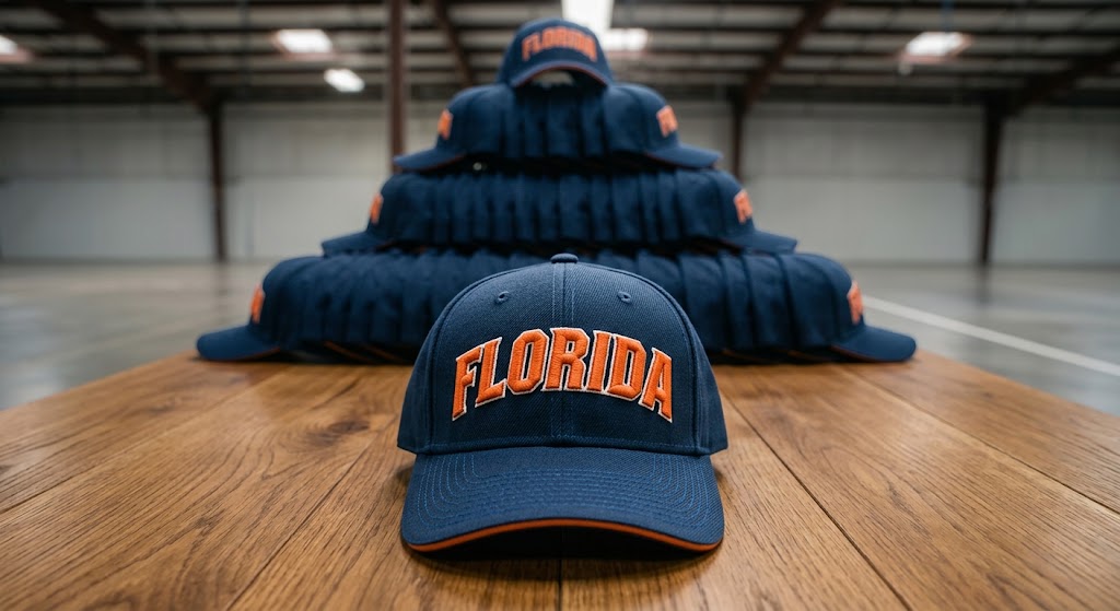 Navy cap with orange 3D puff FLORIDA lettering, stacks of embroidered caps behind