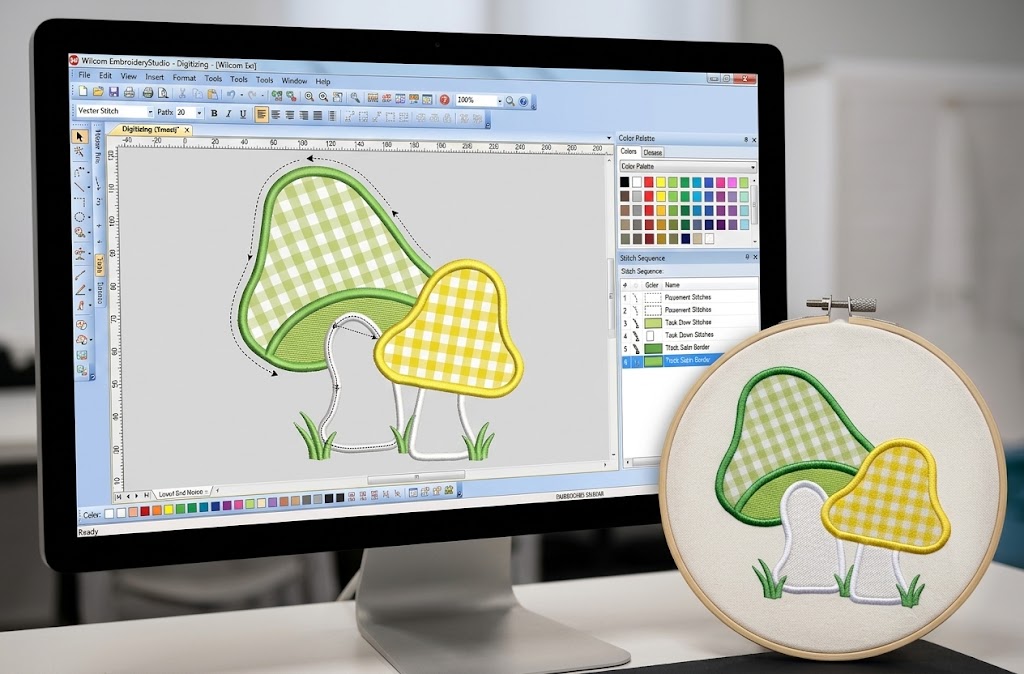 Appliqué embroidery digitizing: mushroom design digitized in embroidery software beside the finished stitched appliqué in a hoop