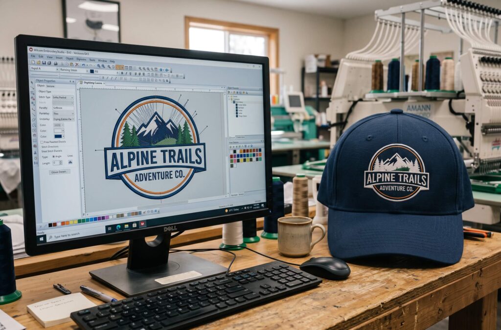 Cap digitizing for a black and gold structured trucker cap, embroidered front panel logo