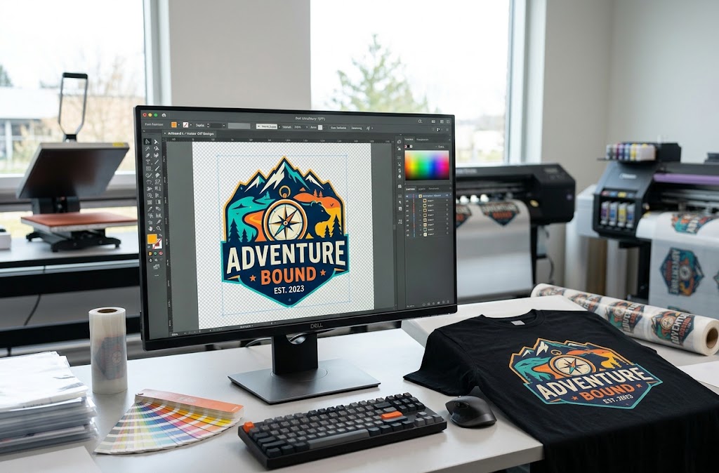 Vector graphics for DTF printing: adventure badge logo redrawn as vector art on screen, with the printed transfer on a black t-shirt