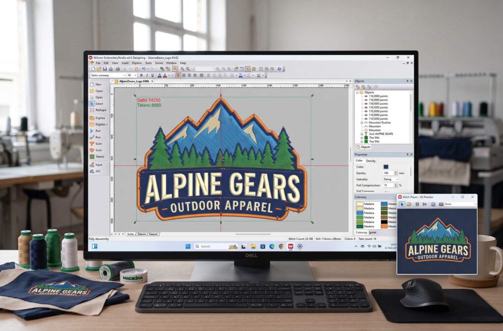 Embroidery digitizer converting a mountain logo into a stitch file in digitizing software