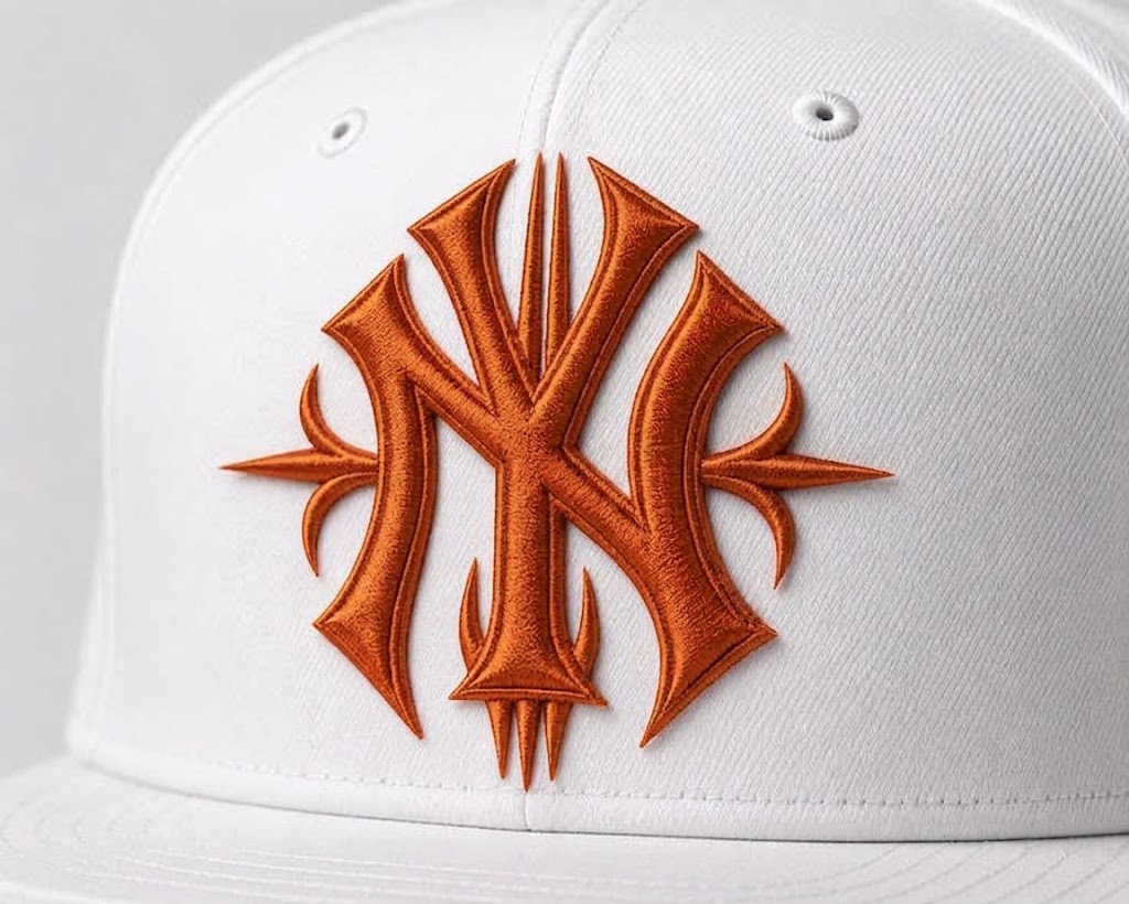 Orange 3D puff embroidery monogram logo stitched on the front of a white baseball cap