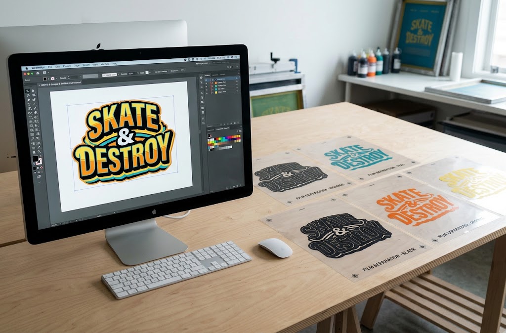 Design studio desk with a monitor showing a Skate and Destroy streetwear graphic in vector software, next to printed samples