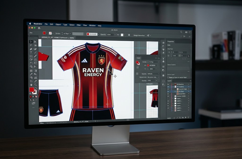 Vector art for dye sublimation: red and black soccer jersey and shorts with team crest and sponsor logo laid out in Adobe Illustrator
