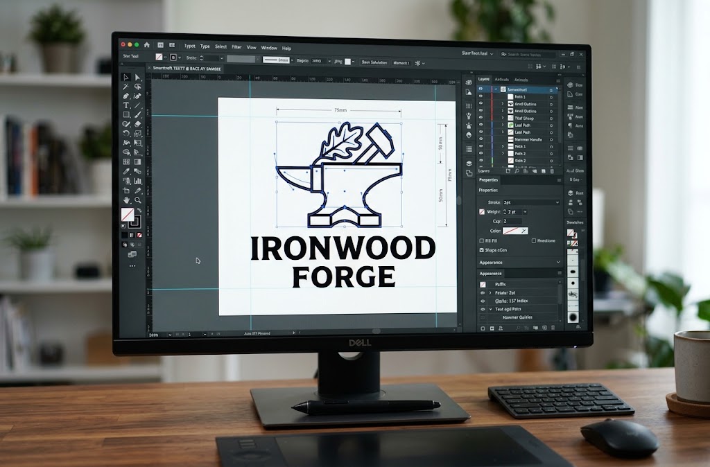 Vector graphics for vinyl cutting and engraving: Ironwood Forge anvil and oak leaf logo redrawn with clean closed paths in vector software, sized in millimeters