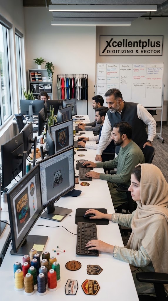 XcellentPlus embroidery digitizers and vector artists working on logo designs at their workstations in the XcellentPlus studio