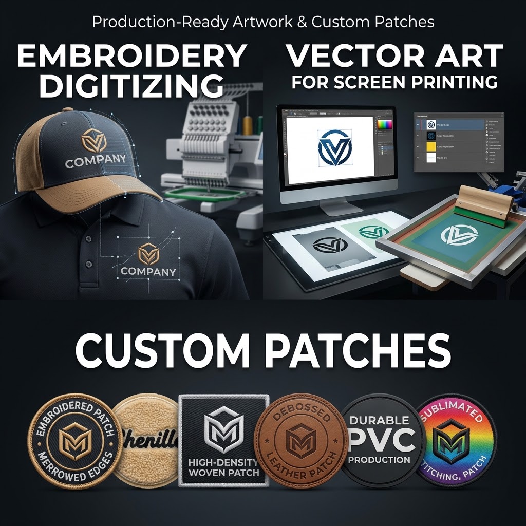 About XcellentPlus: embroidery digitizing on a cap and polo, vector art for screen printing, and custom patches in embroidered, chenille, woven, leather, PVC and sublimated styles